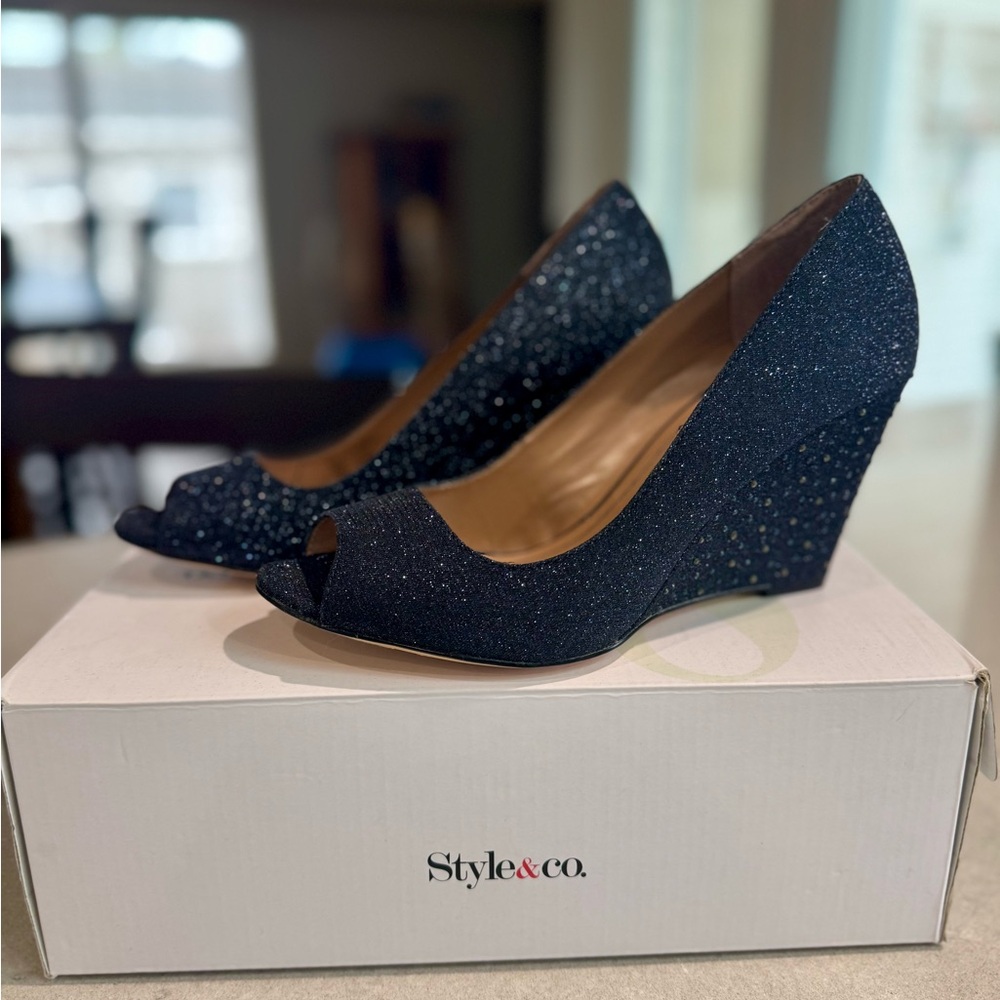 Style & Co. Navy Glitter Peep-Toe Wedge Heels